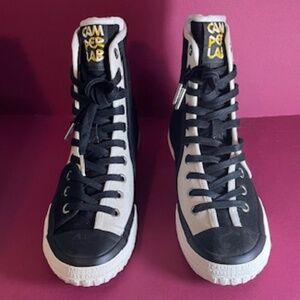 Womens Camper Lab "Twins" Black and White cotton canvas high-top sneakers